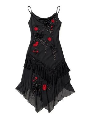 Vintage 90s Caché Silk Beaded Asymmetrical Midi Cocktail Dress 8